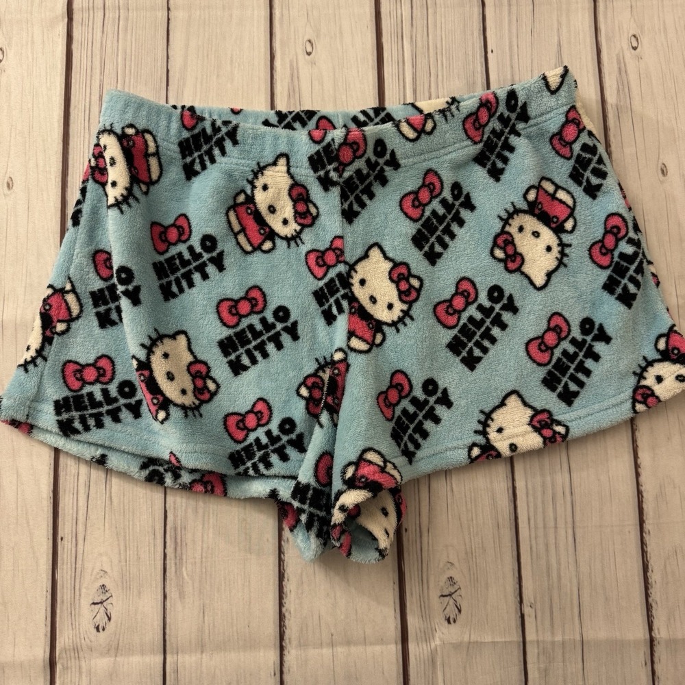 Hello Kitty Fleece Pajama Shorts Womens Medium Blue Sanrio Sleepwear Cozy Cute